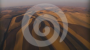 Aerial view of farm fields of wheat in Palouse Washington show patterns
