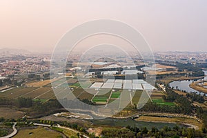 Aerial view of farm land in a Chinese agriculture village in winter in Quanzhou China