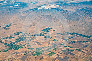 Aerial view of farm, landscape over Kern County