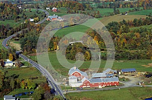 Aerial view of farm near Stowe, VT in autumn on Scenic Route 100