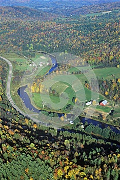 Aerial view of farm near Stowe, VT in autumn on Scenic Route 100 photo