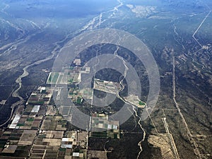 Aerial view of farmed field near la paz airport before landing in Baja California Sur, Mexico