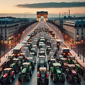 aerial view of farmer activist drive tractor march reach Paris France for agriculture ban protest