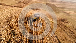 Aerial view of farmer using combine harvester and working the fields