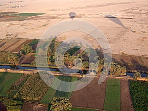 Aerial view of the farmers fields near Luxor with the irrigation canal and desert behind  Egypt