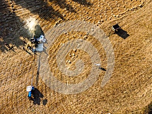 Aerial view of farmers harvesting wheat