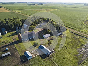 Aerial view of farmhouse and barns in South Dakota, USA