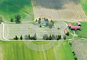Aerial View of Farming House with red roof
