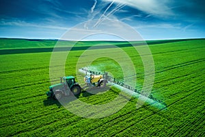 Aerial view of farming tractor plowing and spraying on field
