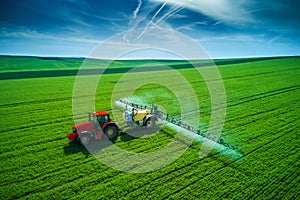 Aerial view of farming tractor plowing and spraying on field photo