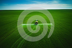 Aerial view of farming tractor plowing and spraying on field