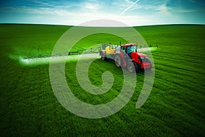 Aerial view of farming tractor plowing and spraying on field