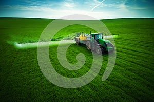 Aerial view of farming tractor plowing and spraying on field