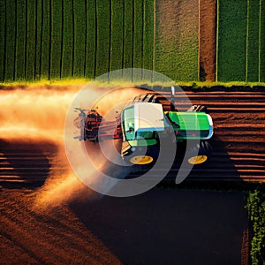 Aerial view of farming tractor plowing and spraying on field.