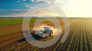 Aerial view of farming tractor plowing and spraying on field