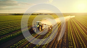 Aerial view of farming tractor plowing and spraying on field