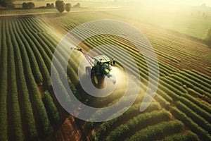Aerial view of farming tractor plowing and spraying on field, AI Generative
