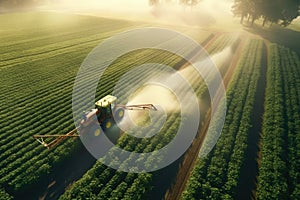 Aerial view of farming tractor plowing and spraying on field, AI Generative