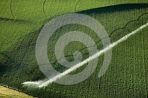 An aerial view of farmland irrigated with center pivot sprinkler systems.