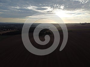 Aerial view of farmland during a marvelous sunset in Boarhunt, Hampshire, UK