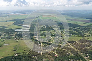 Aerial view of farmland and rural houses in east Texas