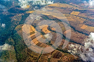 Aerial view Farmland in Tanzania, kraal of the Masai Tribe