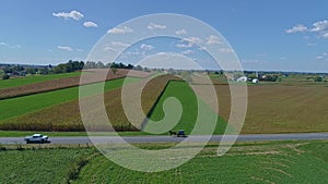 Aerial View of Farms, Silos, and Farmlands That Soon will be Harvested With an Amish Horse and Buggy