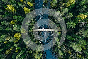 Aerial view of fast river flow through the rocks and green forest. Spring in Finland