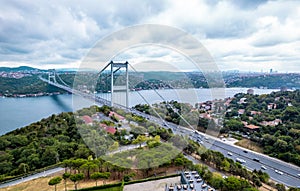 Aerial view of Fatih Sultan Mehmet Bridge in Istanbul, Turkey.