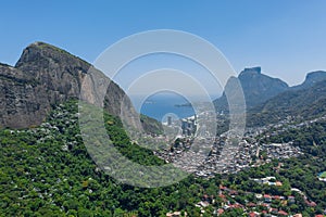 Aerial view of favelas near Sao Conrado in Rio de Janeiro Brazil