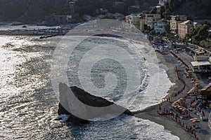 Aerial view of Fegina beach in Monterosso al mare, Cinque Terre, La Spezia, Liguria, Italy
