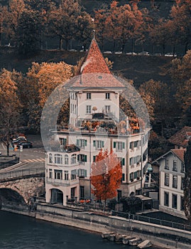 Aerial view of Felsenburg Tower located in the Old Town of Bern, Switzerland