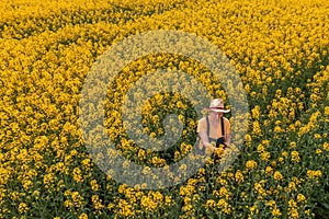 Aerial view of female farmer with tablet computer in rapeseed field using innovative technology