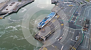 Aerial view of a ferry boat in Calais port, France photo