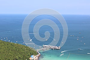 Aerial view of ferry boats the harbor on the ocean