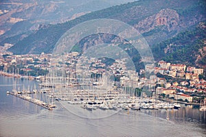 Aerial view of a fethiye bay with marina and yachts