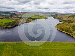 Aerial view of Fewston Reservoir dam feeding into Swinsty Reservoir in Yorkshire