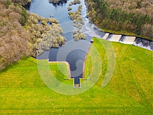 Aerial view of Fewston Reservoir dam feeding into Swinsty Reservoir in Yorkshire