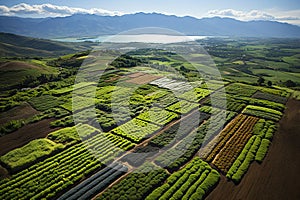 an aerial view of a field of crops with mountains