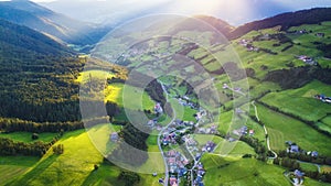 Aerial view at the field in the Dolomite Alp, Italy. Landscape from drone.