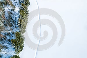 aerial view of the field and forest, the path is trodden in the snow next to the forest