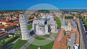 Aerial view of Field of Miracles in Pisa, Tuscany. Drone viewpoint of famous Piazza dei Miracoli
