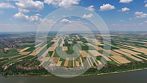 Aerial view of fields and Danube river in Serbia