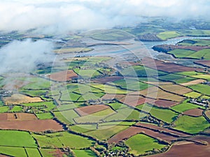 Aerial view of fields in Devon and the Kingsbridge Estuary