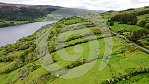 Aerial view of fields next to Glencar Lough in Ireland