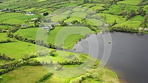 Aerial view of fields next to Glencar Lough in Ireland