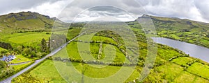 Aerial view of fields next to Glencar Lough in Ireland