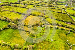 Aerial view of fields next to Glencar Lough in Ireland