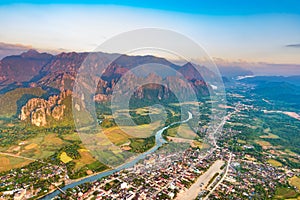 Aerial view of the fields, river and mountain. Beautiful landscape. Laos.