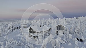 Aerial view of a finnish cottage village in Lapland
